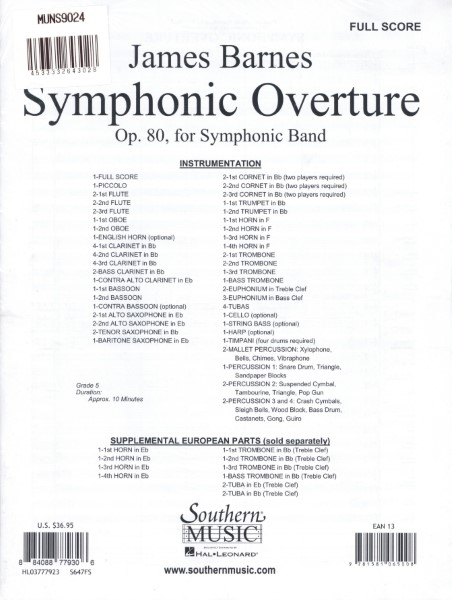 MUNS9024 輸入 交響的序曲（ジェイムズ・バーンズ）（スコアのみ）【SymphonicOverture】 ／ ミュージックエイト